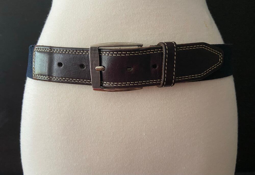 MARTIN DINGMAN Navy Surcingle Belt w/Dark Brown Leather Trim Womens sz 32